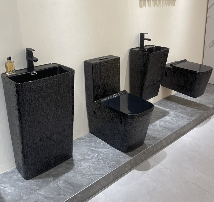 Set vas WC cu capac slim, montare pe podea, rimless, evacuare laterală, glazură neagră artizanală – 64 x 36 x 80 cm T2073CR5 [3]