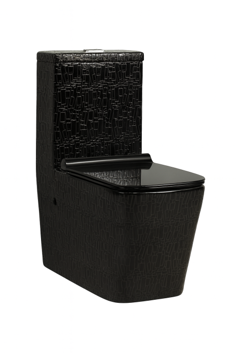 Set vas WC cu capac slim, montare pe podea, rimless, evacuare laterală, glazură neagră artizanală – 64 x 36 x 80 cm T2073CR5 [2]