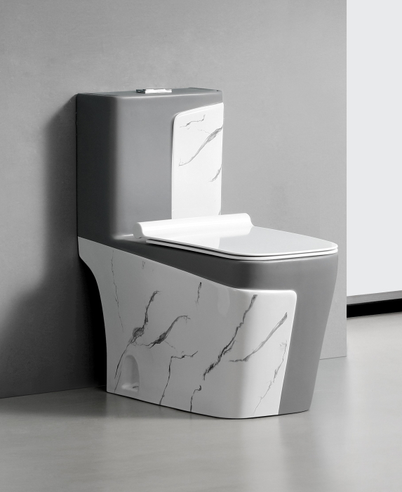 Set vas wc cu capac slim, montare pe podea, rimless, evacuare laterala, finisaj gri mat și marmură 68 x 36 x 78 cm T2130MG [1]