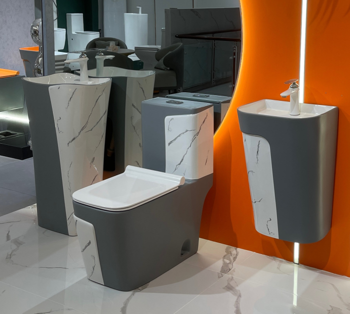 Set vas wc cu capac slim, montare pe podea, rimless, evacuare laterala, finisaj gri mat și marmură 68 x 36 x 78 cm T2130MG [3]