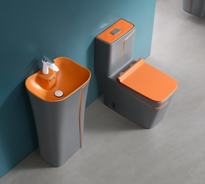 Set vas wc cu capac slim, montare pe podea, rimless, evacuare laterala, gri mat/portocaliu  68 x 36 x 78 cm T2130GO [2]