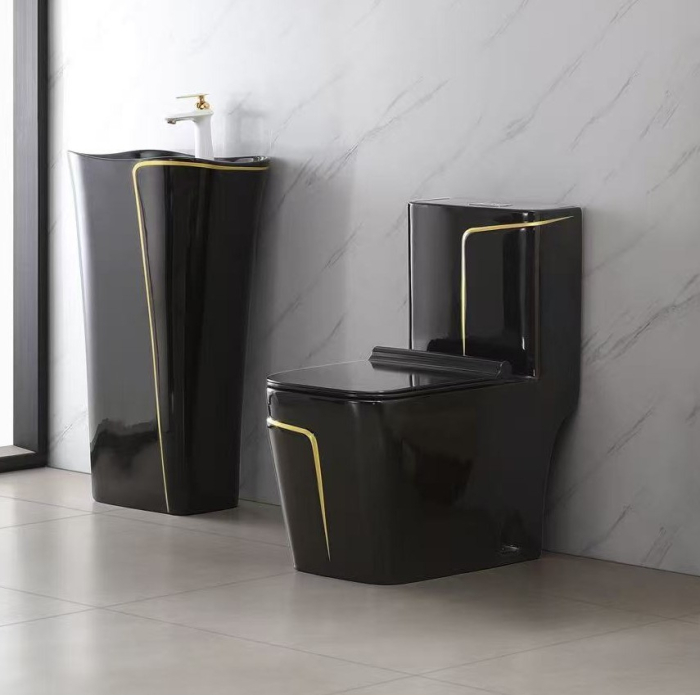 Set vas wc cu capac slim, montare pe podea, rimless, evacuare laterala, negru/auriu 68 x 36 x 78 cm T2130BG [2]
