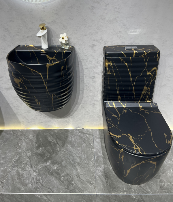 Set vas wc cu capac slim, montare pe podea, rimless, evacuare laterala, negru/auriu 68 x 37 x 80 cm T2127CW62 [2]