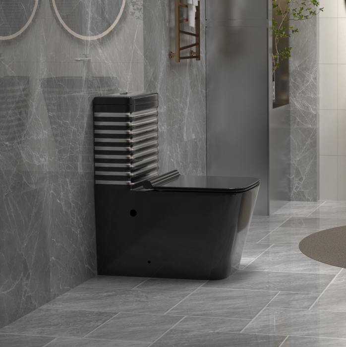 Set vas wc cu capac slim, montare pe podea, rimless, evacuare laterala, negru/gri 64 x 36 x 80 cm T2079BS [2]