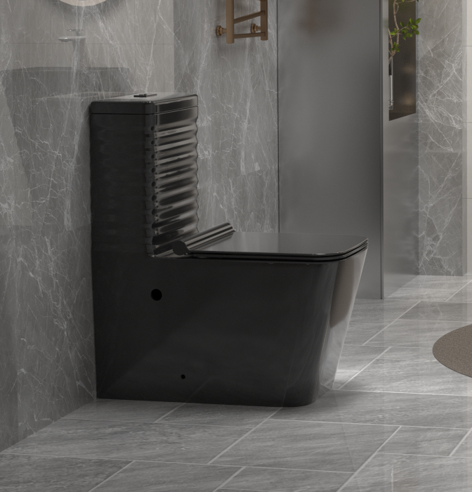Set vas WC cu capac slim, montare pe podea, rimless, evacuare laterală, Negru lucios – 64 x 36 x 80 cm T2079B [2]