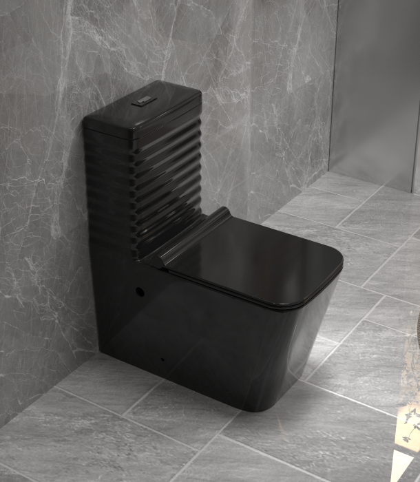 Set vas WC cu capac slim, montare pe podea, rimless, evacuare laterală, Negru lucios – 64 x 36 x 80 cm T2079B [1]