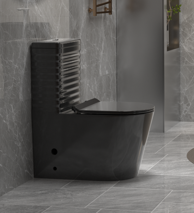 Set vas WC cu capac slim, montare pe podea, rimless, evacuare laterală, negru lucios – 68 x 37 x 80 cm T2126B [2]