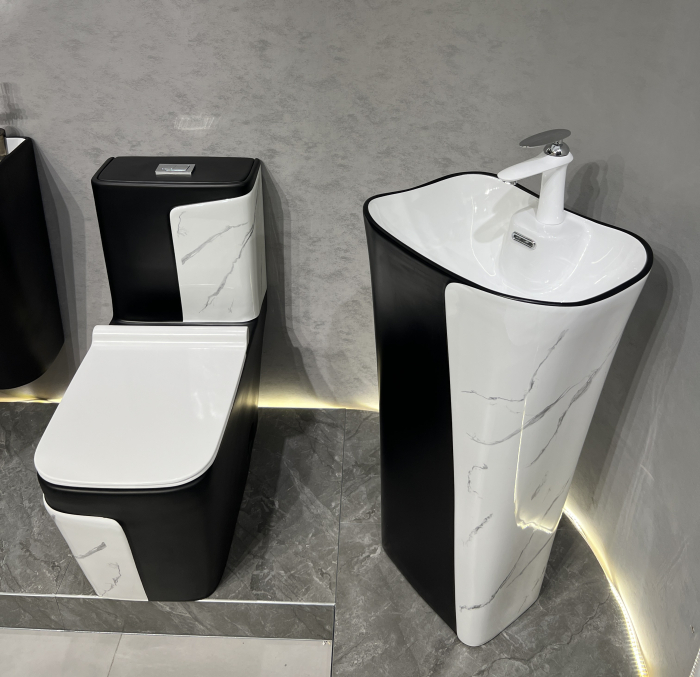 Set vas WC cu capac slim, montare pe podea, Rimless, evacuare laterala, finisaj marmură/negru – 68 x 36 x 78 cm T2130MB [3]