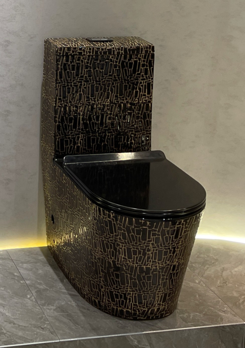 Set vas WC cu capac slim, montare pe podea, Rimless, evacuare laterala, finisaj negru glazurat/auriu 68 x 37 x 80 cm T2123CR2 [2]