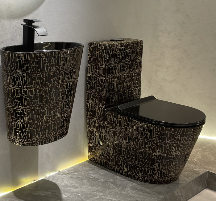 Set vas WC cu capac slim, montare pe podea, Rimless, evacuare laterala, finisaj negru glazurat/auriu 68 x 37 x 80 cm T2123CR2 [3]