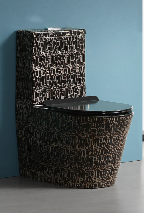 Set vas WC cu capac slim, montare pe podea, Rimless, evacuare laterala, finisaj negru glazurat/auriu 68 x 37 x 80 cm T2123CR2 [1]