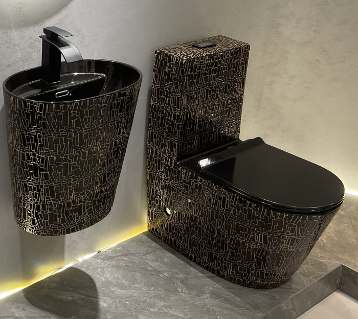 Set vas WC cu capac slim, montare pe podea, Rimless, evacuare laterala, finisaj negru glazurat/auriu 68 x 37 x 80 cm T2123CR2 [5]