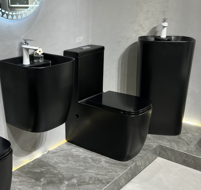 Set vas WC cu capac slim, montare pe podea, Rimless, evacuare laterala, finisaj negru mat 64 x 36 x 80 cm T2214M5 [4]