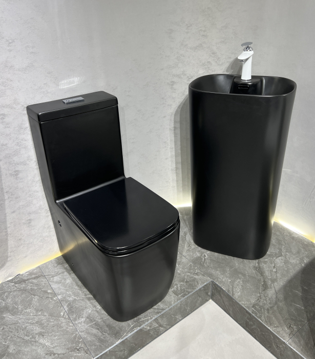 Set vas WC cu capac slim, montare pe podea, Rimless, evacuare laterala, finisaj negru mat 64 x 36 x 80 cm T2214M5 [3]