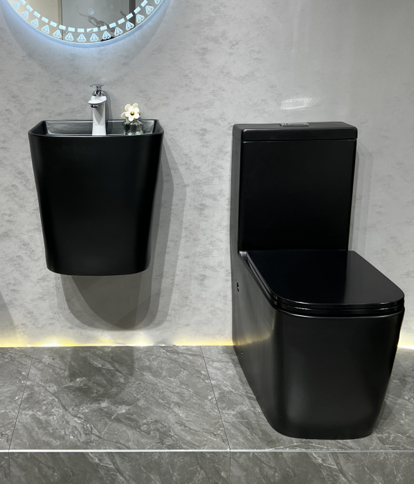Set vas WC cu capac slim, montare pe podea, Rimless, evacuare laterala, finisaj negru mat 64 x 36 x 80 cm T2214M5 [2]