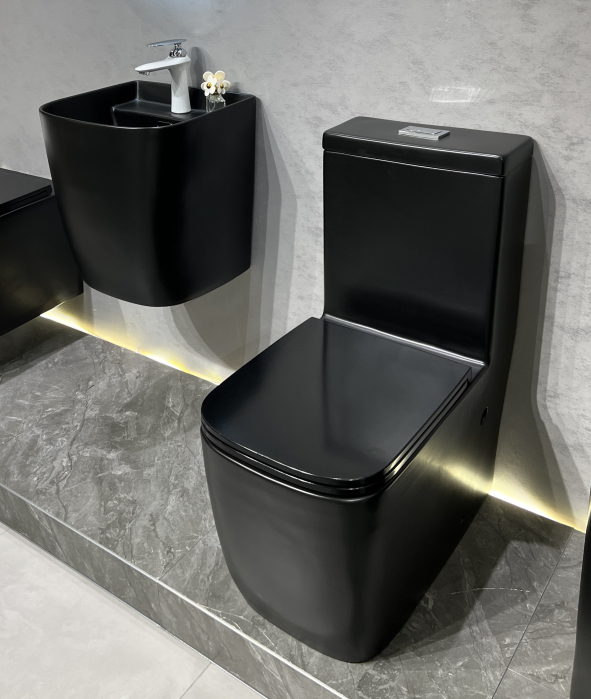 Set vas WC cu capac slim, montare pe podea, Rimless, evacuare laterala, finisaj negru mat 64 x 36 x 80 cm T2214M5 [5]