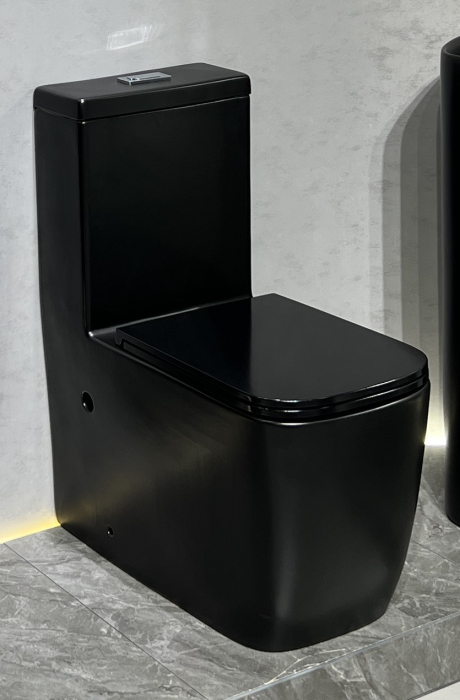 Set vas WC cu capac slim, montare pe podea, Rimless, evacuare laterala, finisaj negru mat 64 x 36 x 80 cm T2214M5 [1]