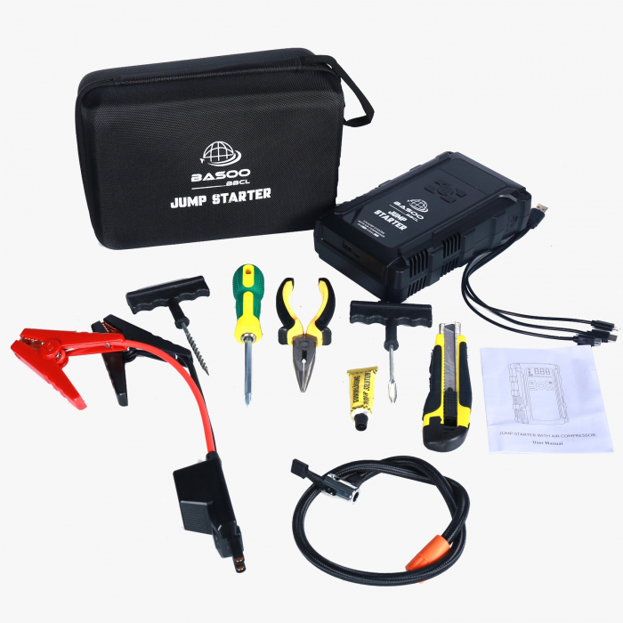 Starter auto cu acumulator 12000mha, 12V, port usb, lanterna + compresor auto, accesorii reparatie pana incluse [4]
