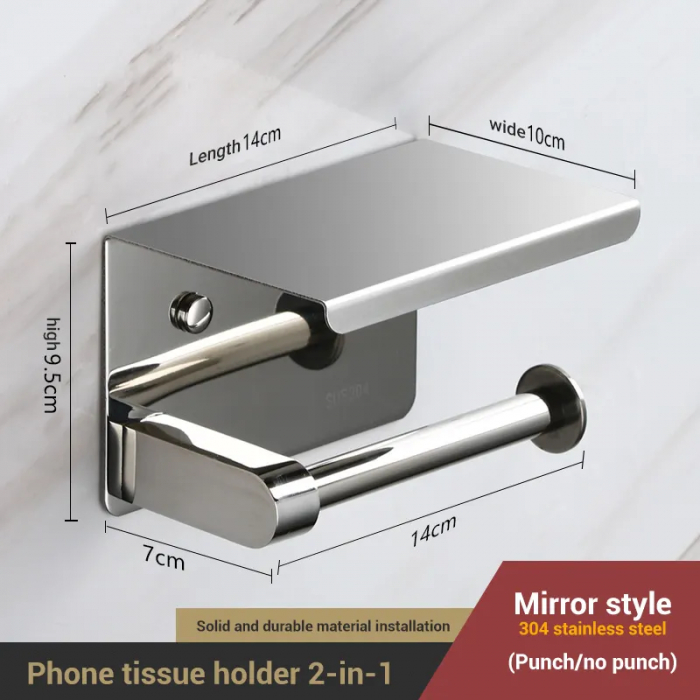 Suport hartie igienica cu raft telefon, inox, argintiu, montaj prin insurubare/ lipire 14 x 10 cm [2]