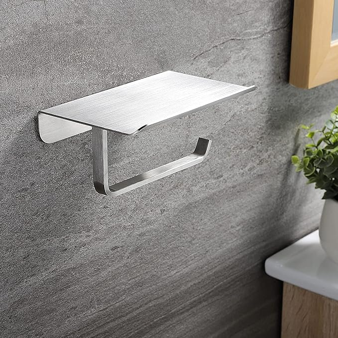 Suport hartie igienica cu raft telefon, inox, argintiu, montaj prin insurubare/ lipire 19 x 10 cm [2]