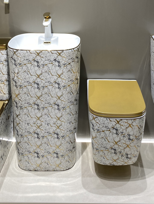 Vas WC suspendat cu capac, Rimless, finisaj alb-marmorat cu inserții aurii  – 53 × 36 × 36 cm - T3214EWG1 [6]