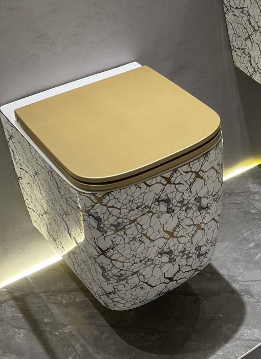 Vas WC suspendat cu capac, Rimless, finisaj alb-marmorat cu inserții aurii  – 53 × 36 × 36 cm - T3214EWG1 [3]