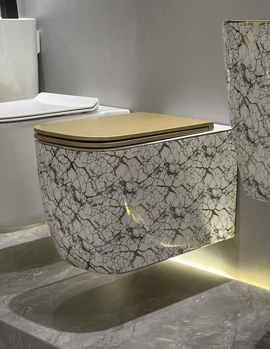 Vas WC suspendat cu capac, Rimless, finisaj alb-marmorat cu inserții aurii  – 53 × 36 × 36 cm - T3214EWG1 [4]