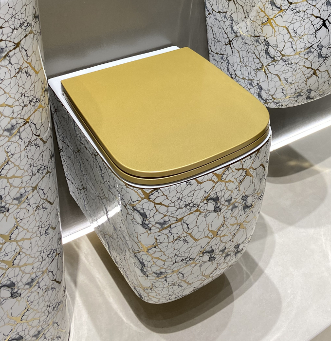 Vas WC suspendat cu capac, Rimless, finisaj alb-marmorat cu inserții aurii  – 53 × 36 × 36 cm - T3214EWG1 [2]