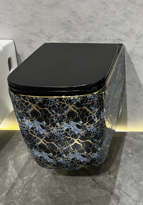 Vas WC suspendat cu capac, Rimless, finisaj albastru-negru cu accente aurii 53 x 36 x 36 cm - T3214EBG3 [3]