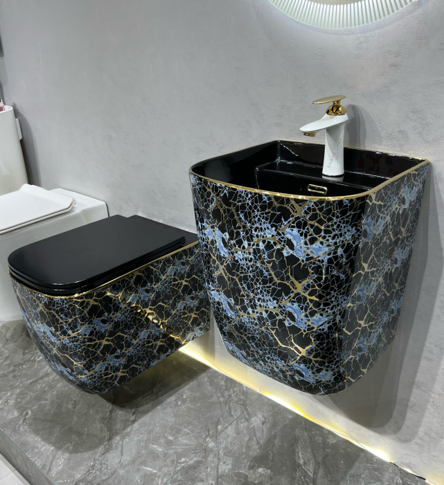 Vas WC suspendat cu capac, Rimless, finisaj albastru-negru cu accente aurii 53 x 36 x 36 cm - T3214EBG3 [6]