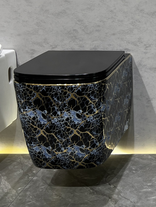 Vas WC suspendat cu capac, Rimless, finisaj albastru-negru cu accente aurii 53 x 36 x 36 cm - T3214EBG3 [2]