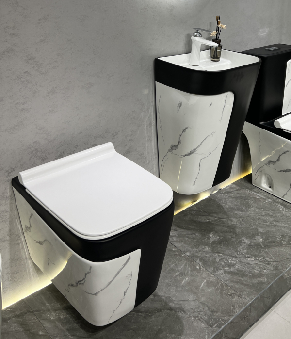 Vas WC suspendat cu capac, Rimless, finisaj marmură/negru 52 x 36 x 36 cm T3130MB [5]