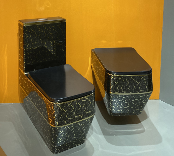 Vas WC suspendat cu capac, Rimless, finisaj negru/auriu 54 x 36 x 36 cm - T3133EBG7 [3]