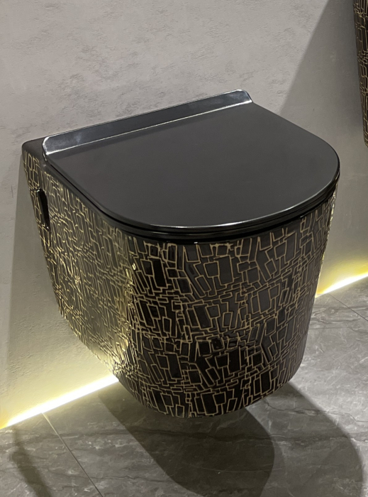 Vas WC suspendat cu capac, Rimless, finisaj negru glazurat/auriu 57 x 34 x 34 cm T3203CR2 [3]