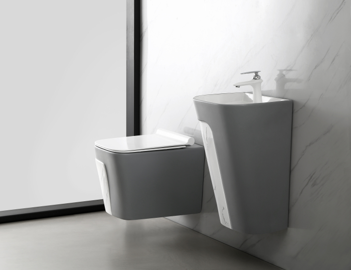 Vas WC suspendat cu capac, Rimless, ceramică sanitară, finisaj gri mat & marmură – 52 x 36 x 36 cm T3130MG [3]