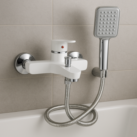 Baterii baie - Baterie cadă-duș alb mat cu set de duș, montaj pe perete - Italomix 25514