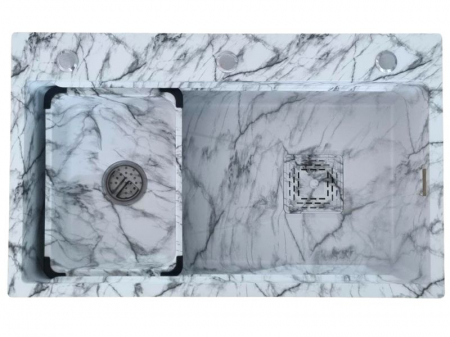 Chiuvete bucatarie - Chiuveta de bucatarie din inox 75x46cm, o cuva + sifon cu preaplin si decantor,  inox Marble White, montaj pe blat