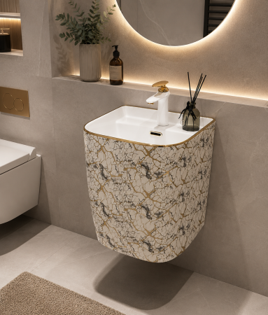Lavoare - Lavoar suspendat, ceramică sanitară, finisaj alb-marmorat cu inserții aurii - 40 × 38 × 45 cm - P124EWG1