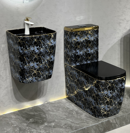 Lavoar suspendat, ceramică sanitară, finisaj albastru-negru cu accente aurii 40 x 38 x 45 cm - P124EBG3 [2]