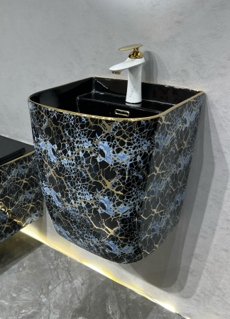 Lavoare - Lavoar suspendat, ceramică sanitară, finisaj albastru-negru cu accente aurii 40 x 38 x 45 cm - P124EBG3