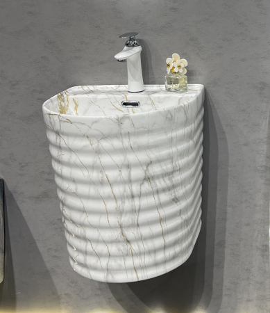 Lavoar suspendat, ceramică sanitară, finisaj marmura alb-gri-auriu – 40 × 40 × 45 cm - P126CW80 [1]