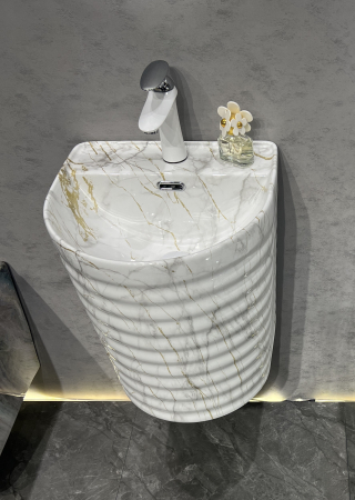 Lavoar suspendat, ceramică sanitară, finisaj marmura alb-gri-auriu – 40 × 40 × 45 cm - P126CW80 [2]