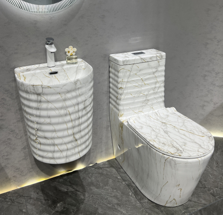 Lavoar suspendat, ceramică sanitară, finisaj marmura alb-gri-auriu – 40 × 40 × 45 cm - P126CW80 [3]