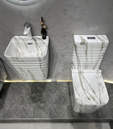 Lavoar suspendat, ceramică sanitară, finisaj marmură alb-gri - 40 × 38 × 51 cm - P179CW41 [4]