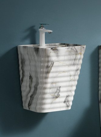 Lavoare - Lavoar suspendat, ceramică sanitară, finisaj marmură alb-negru-grii - 40 × 38 × 51 cm - P179CW68