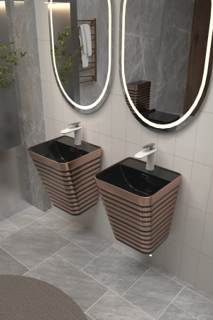 Lavoar suspendat, ceramică sanitară, finisaj negru/auriu – 40 × 38 × 51 cm - P179EBR [3]