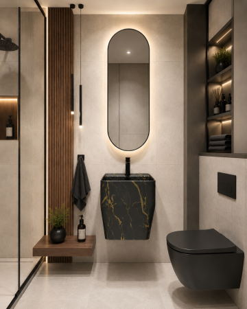 Lavoar suspendat, ceramică sanitară, finisaj negru/auriu 42 x 39 x 45 cm - P133CW68 [2]