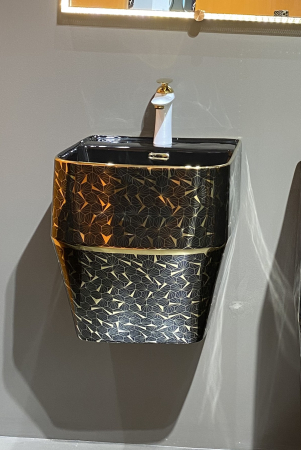 Baie - Lavoar suspendat, ceramică sanitară, finisaj negru/auriu 42 x 39 x 45 cm - P133EBG7