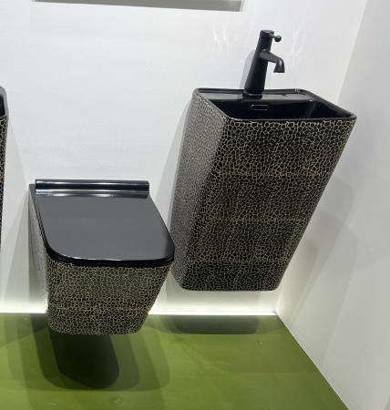 Lavoar suspendat, ceramică sanitară, finisaj negru glazurat/auriu – 40 × 38 × 48 cm - P111CR4 [2]