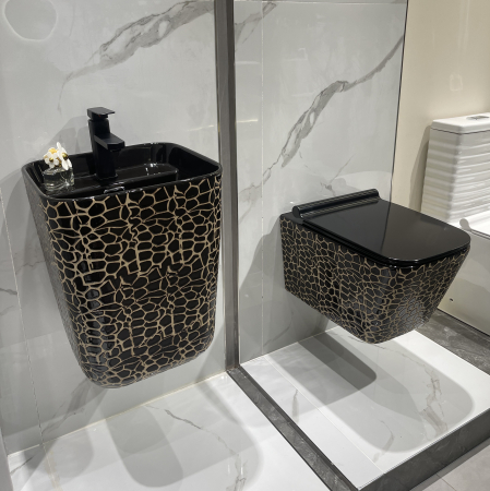 Lavoar suspendat, ceramică sanitară, finisaj negru glazurat/auriu – 40 × 38 × 48 cm - P131CR1 [3]